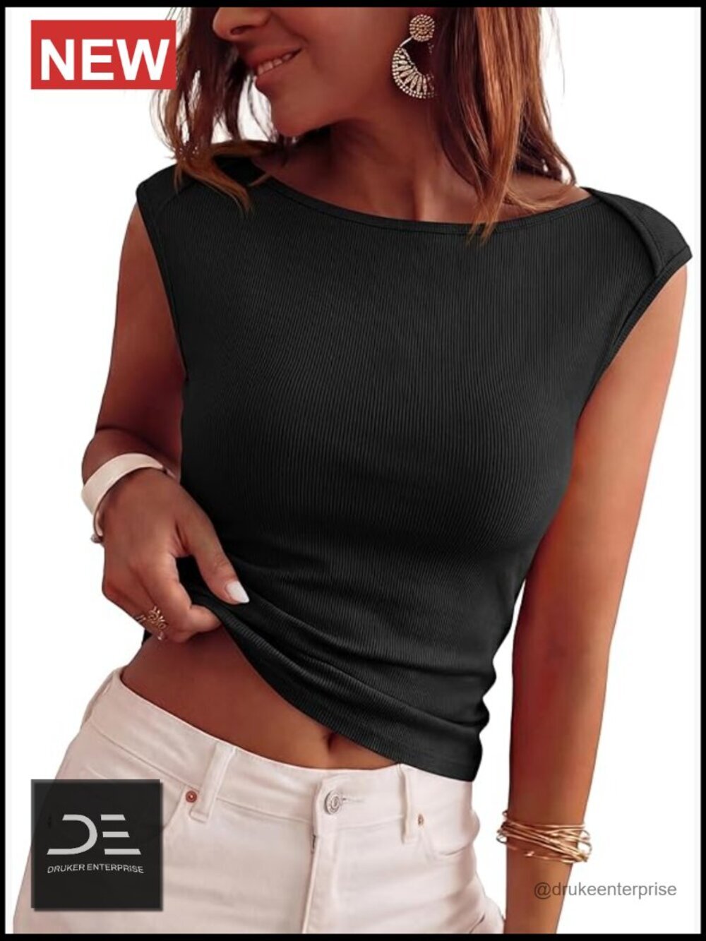 Ribbed Knit Cap Sleeve Boat Neck Tank Top Slim Fit Ruched Waist